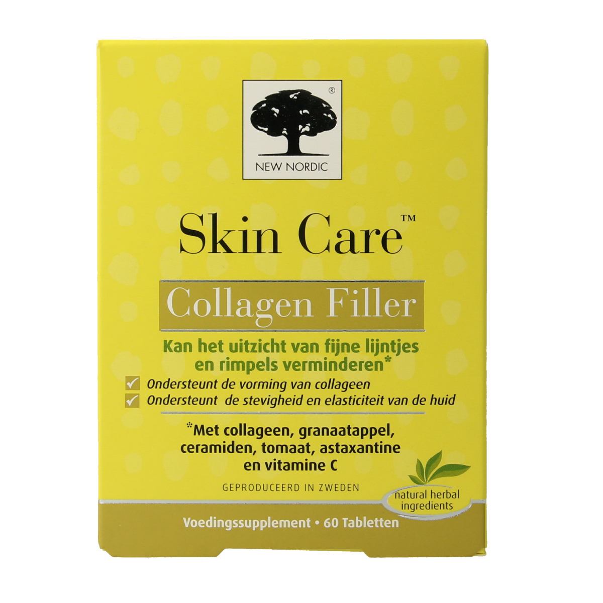 New Nordic Skin Care Collagen Filler tablets in a bottle, dietary supplement for skin health and anti-aging.
