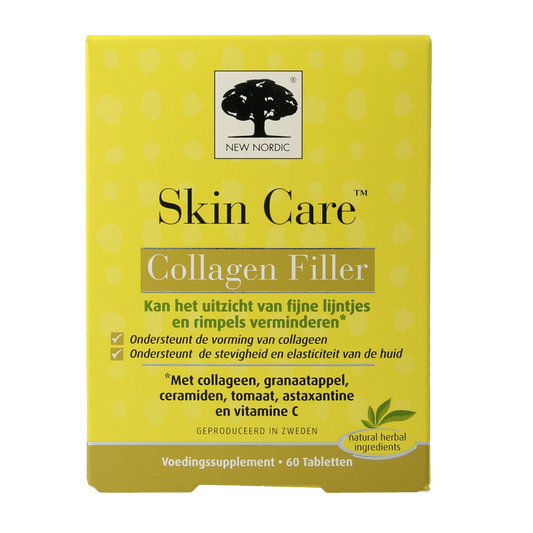 New Nordic Skin Care Collagen Filler tablets in a bottle, dietary supplement for skin health and anti-aging.
