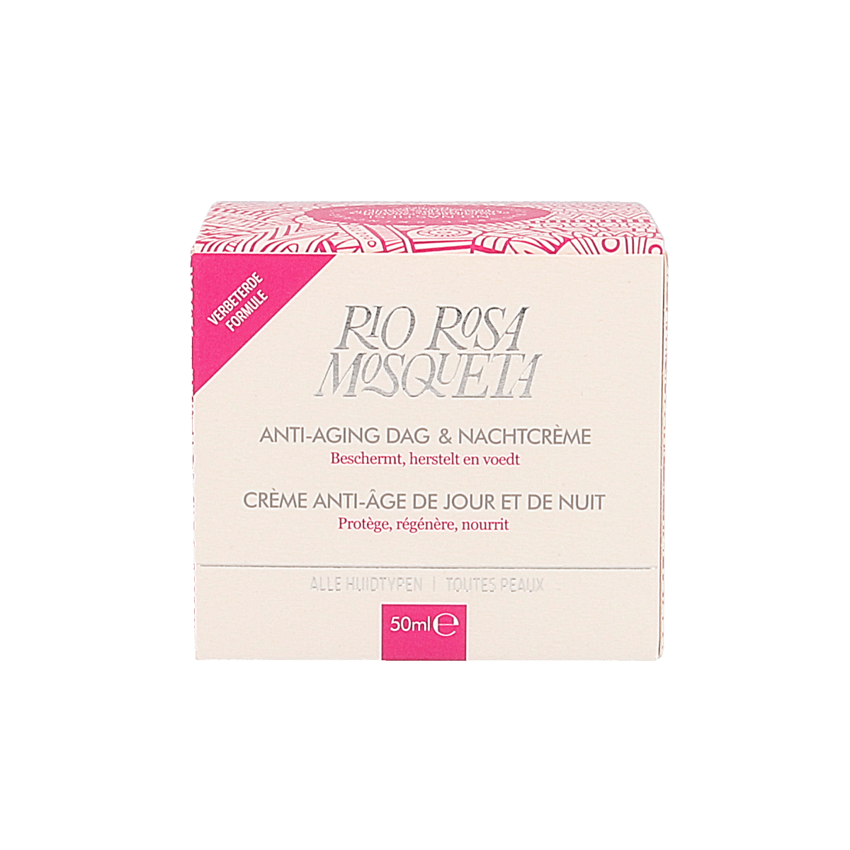 RIO Rosa Mosqueta day and night face cream in 50ml jar, natural facial skincare with rosehip oil for hydration and rejuvenation.
