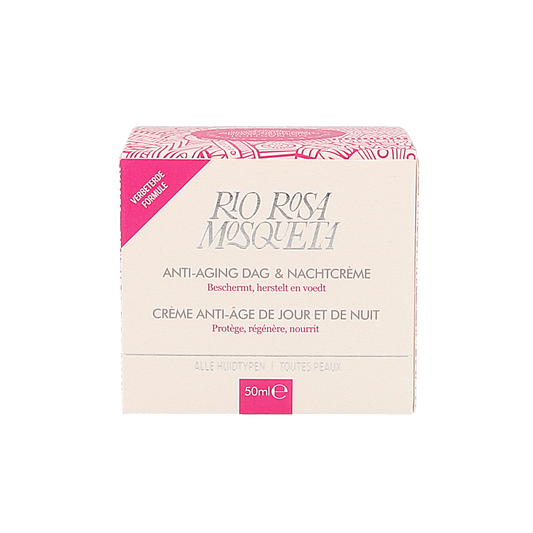 RIO Rosa Mosqueta day and night face cream in 50ml jar, natural facial skincare with rosehip oil for hydration and rejuvenation.