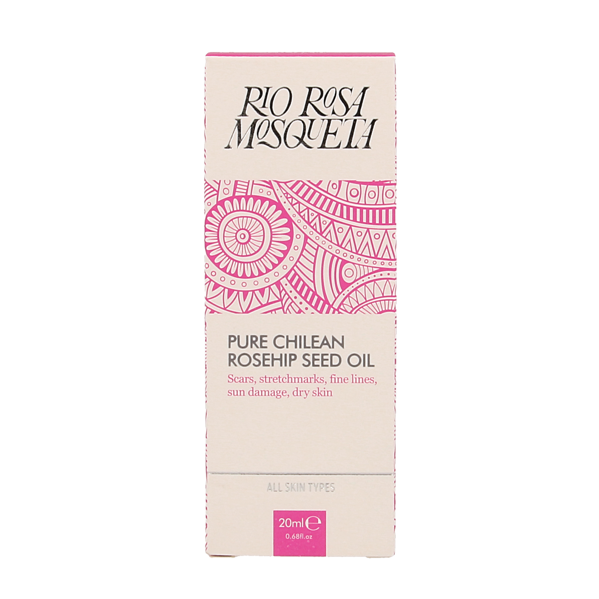 Bottle of RIO Rosa Mosqueta oil for facial skincare, 20ml, natural face treatment in a clear glass container with a white cap.