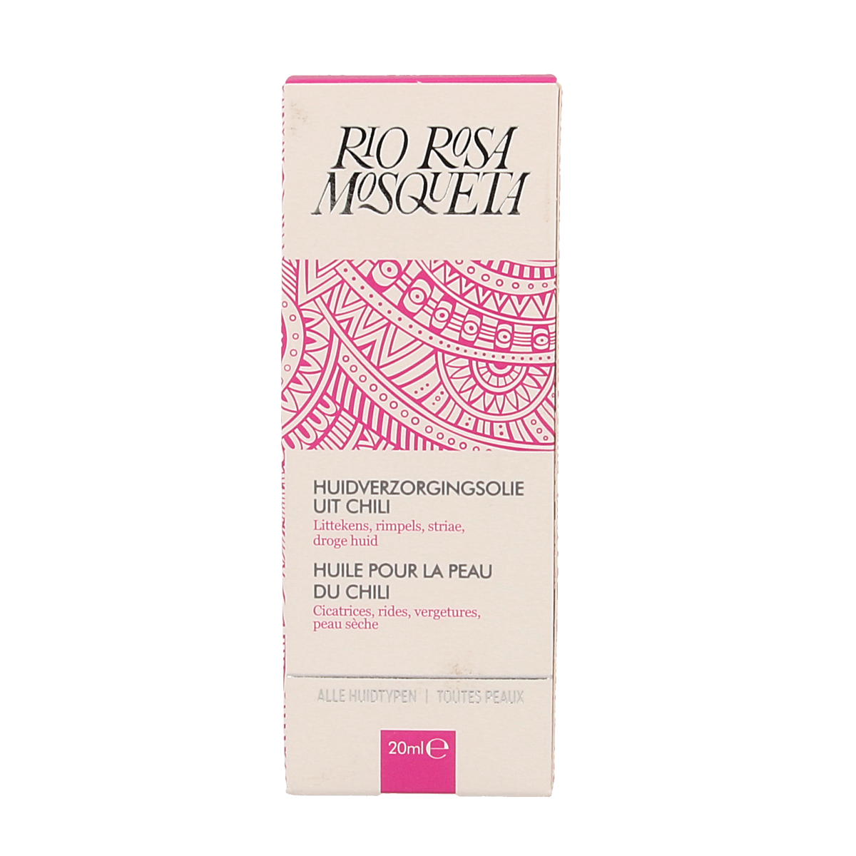 RIO Rosa Mosqueta oil 20ml for facial skincare, featuring a clear bottle with a dropper cap and rosehip oil inside.