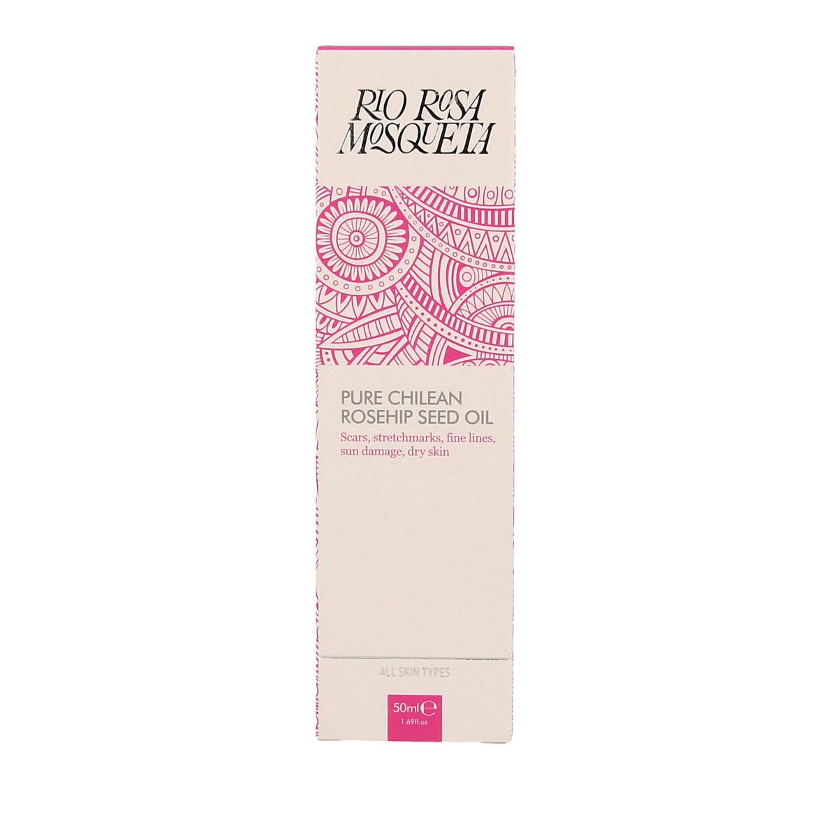RIO Rosa Mosqueta gezichtsolie in 50ml bottle, natural facial skincare product with rosehip seed oil.