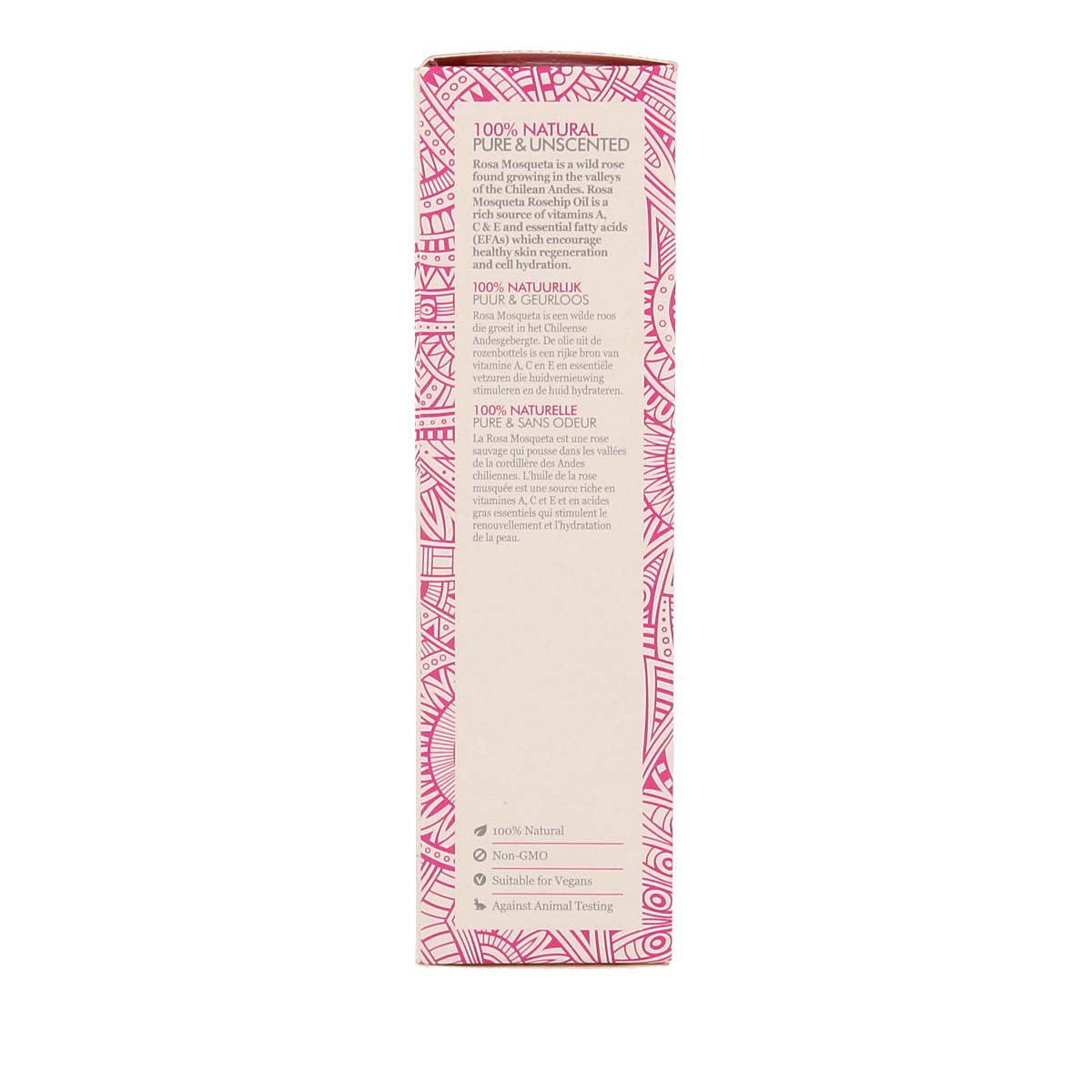 Bottle of RIO Rosa Mosqueta olie for facial care, 50ml, natural rosehip seed oil in a clear glass bottle.