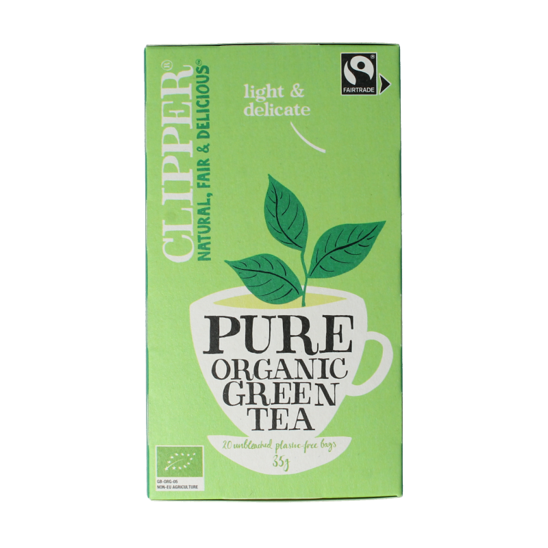 Box of Clipper Green Tea Bio with 20 biodegradable tea bags, featuring green tea leaves on the packaging.