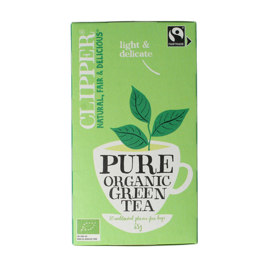 Box of Clipper Green Tea Bio with 20 biodegradable tea bags, featuring green tea leaves on the packaging.