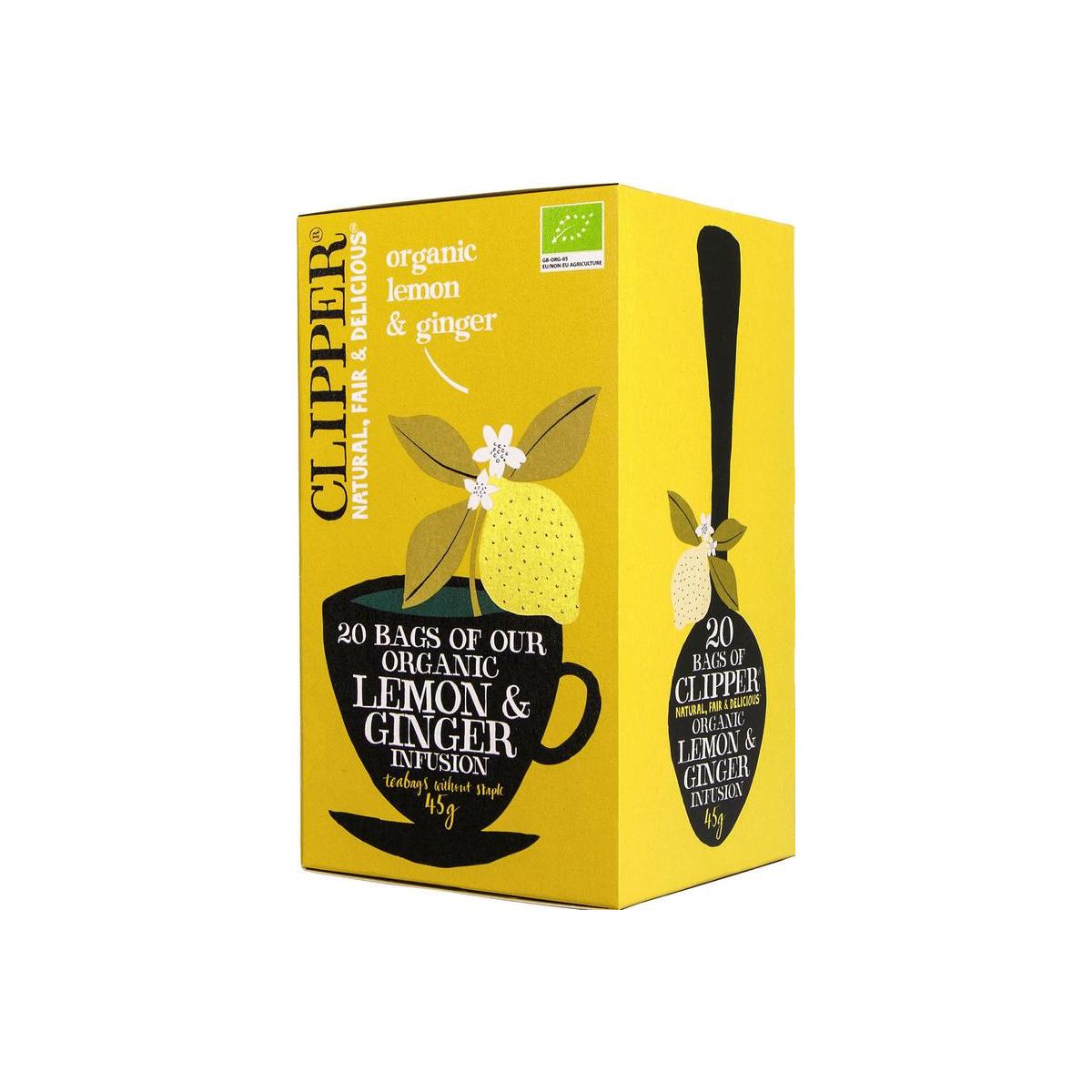 Clipper Lemon & Ginger Tea bio in 20 tea bags, showing the packaging with fresh lemon and ginger illustrations.
