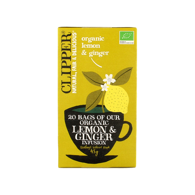 Box of Clipper Lemon & Ginger Bio Tea Bags, organic herbal tea with lemon and ginger flavor, 20 tea sachets.