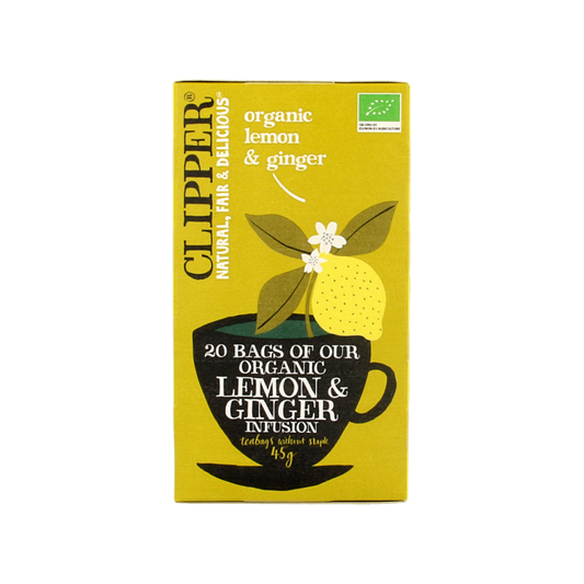 Box of Clipper Lemon & Ginger Bio Tea Bags, organic herbal tea with lemon and ginger flavor, 20 tea sachets.