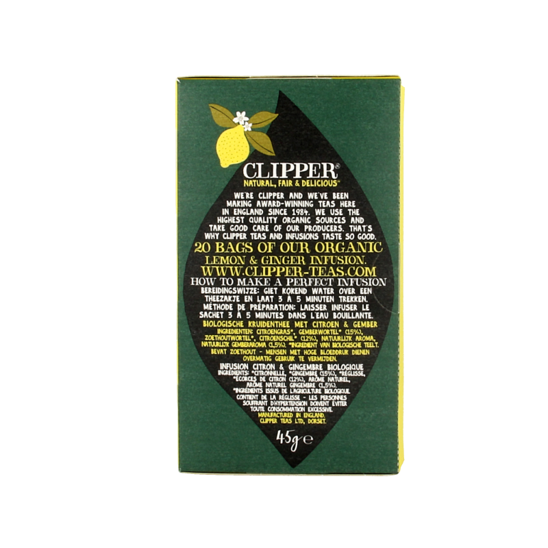 Box of Clipper Lemon & Ginger Organic Tea Bags with 20 sachets, featuring fresh lemon and ginger flavor in biodegradable packaging.