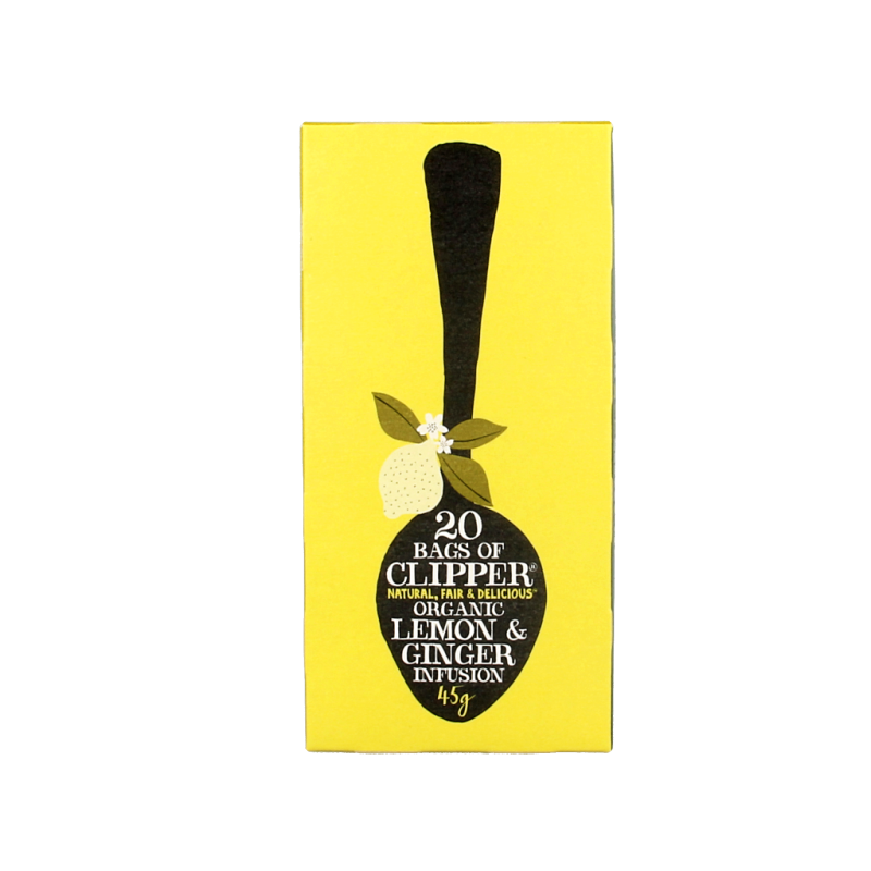 Organic Clipper Lemon & Ginger Tea tea bags, showcasing the box with 20 biodegradable sachets for a refreshing herbal brew.
