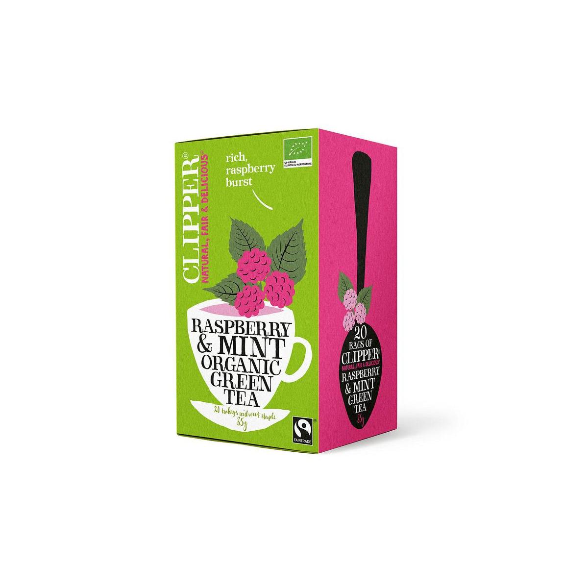 Clipper Framboos Mint Green Tea bio in 20 tea bags, fresh mint and raspberry flavor, natural and organic tea.