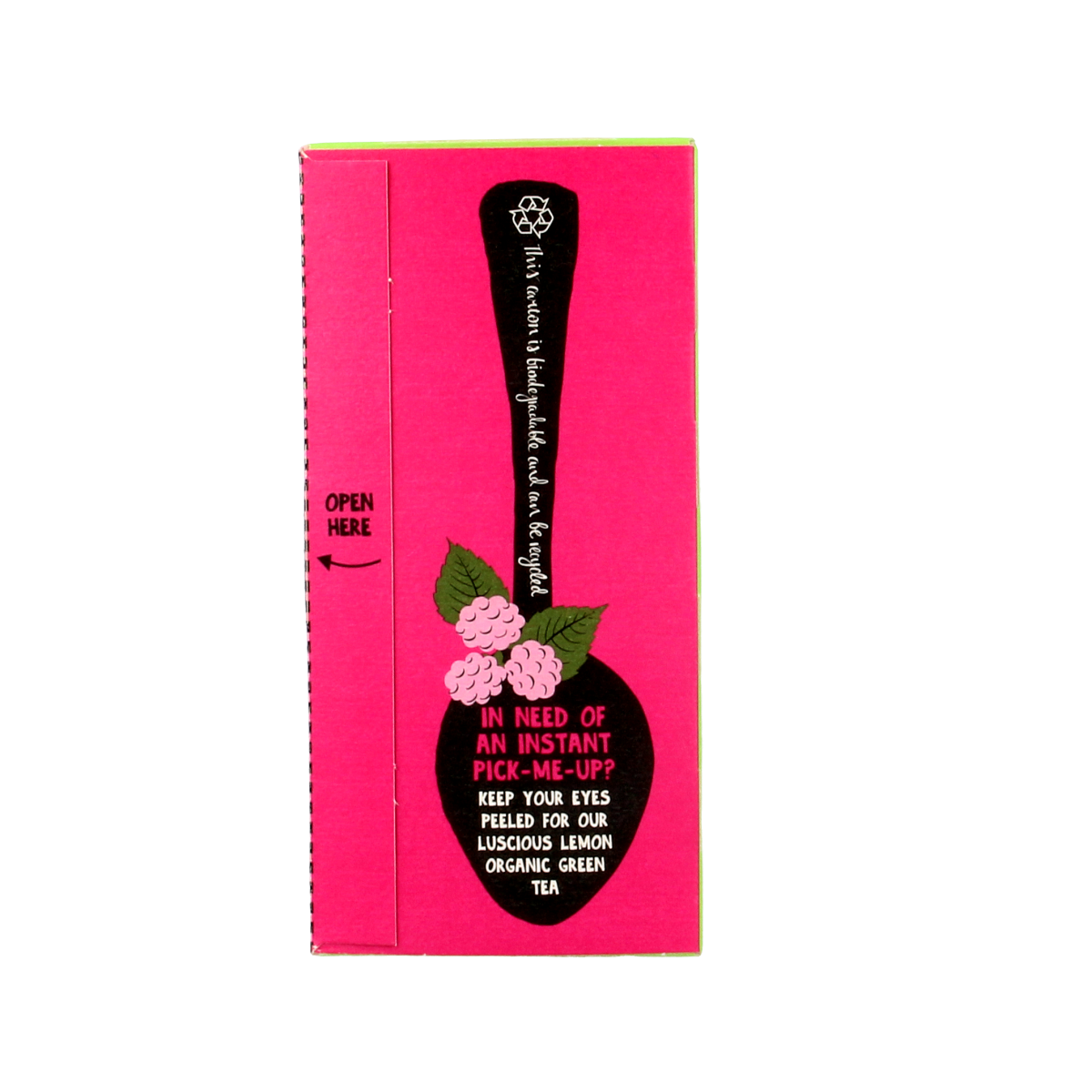 Clipper Framboos mint green tea bio in 20 tea bags, fresh mint and raspberry flavor, green tea leaves in a tea box.