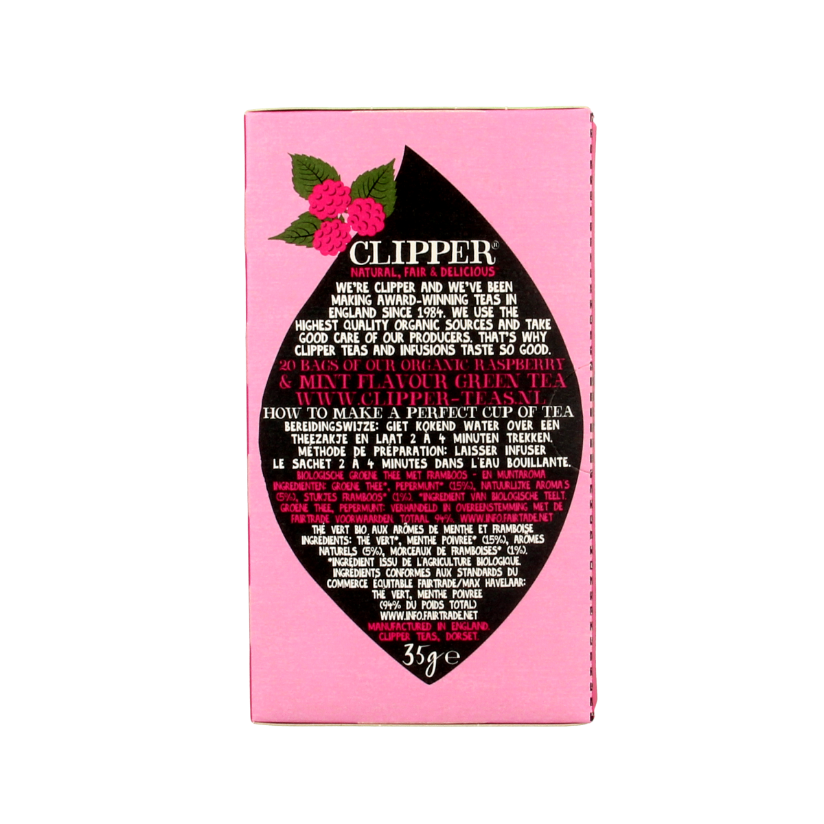 Clipper Framboos Mint Green Tea bio in 20 tea bags, fresh mint and raspberry flavor, natural organic tea from the brand Clipper.