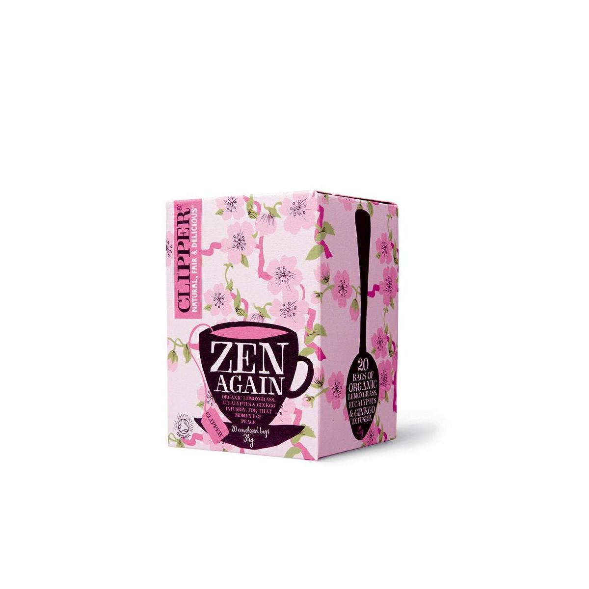Clipper Zen Again Bio coffee and tea bags, eco-friendly packaging, natural blend, ideal for organic beverage enthusiasts.