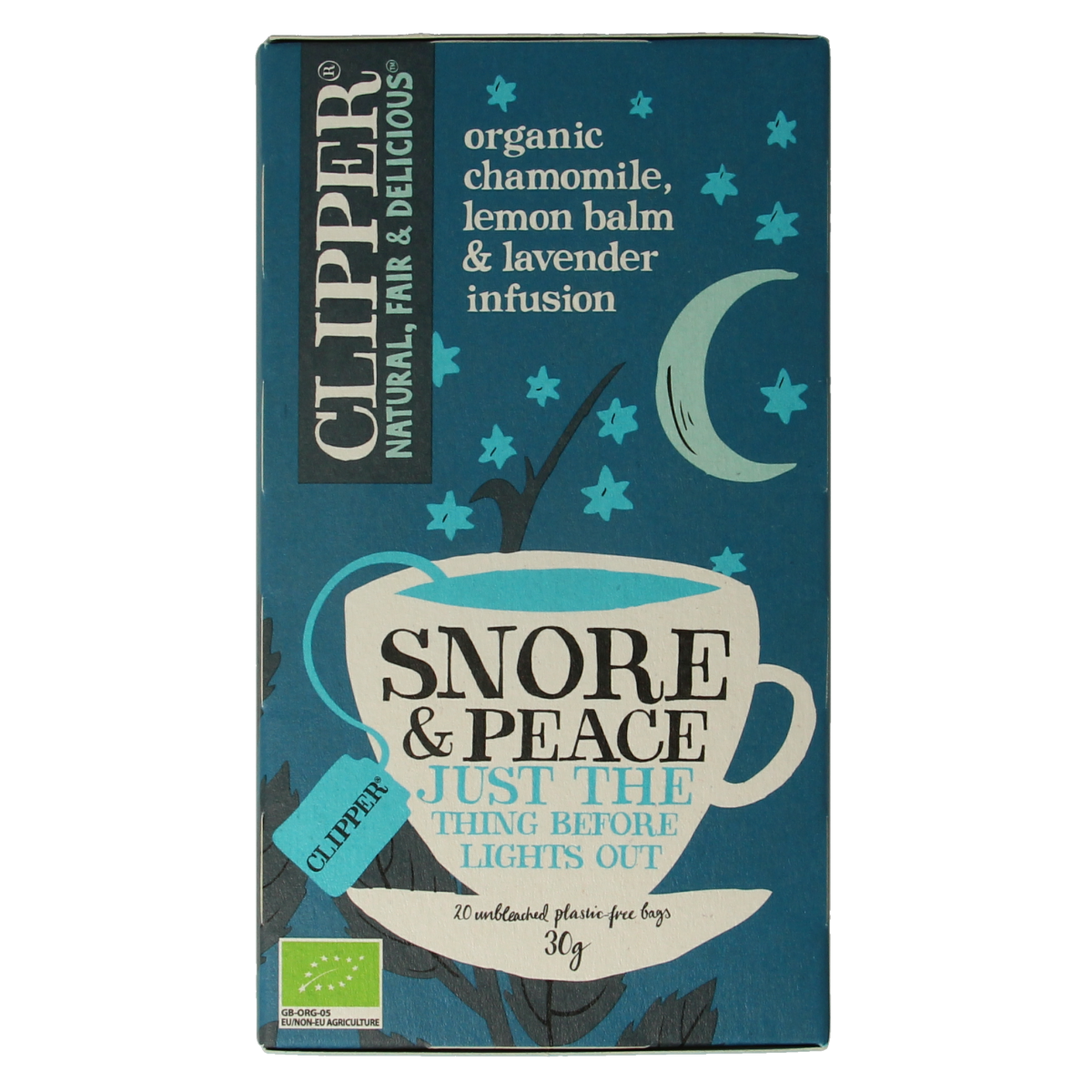Clipper Snore & Peace bio coffee and tea sachets, eco-friendly packaging, with fresh coffee beans and tea leaves in a natural setting.