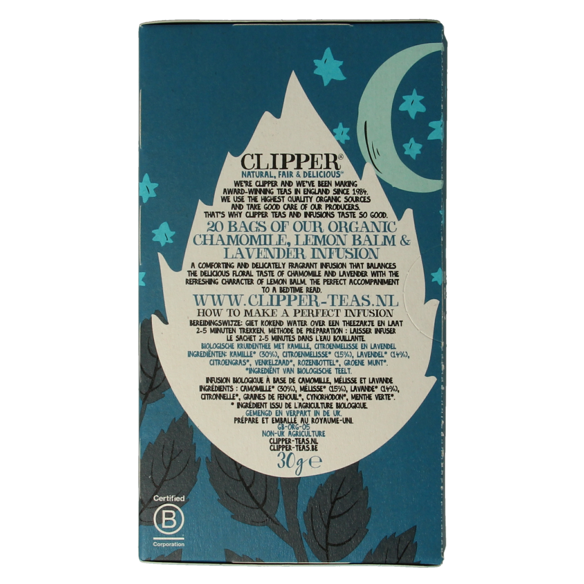 Clipper Snore & Peace bio coffee and tea sachets in a box, featuring natural herbal blend for relaxation and better sleep.