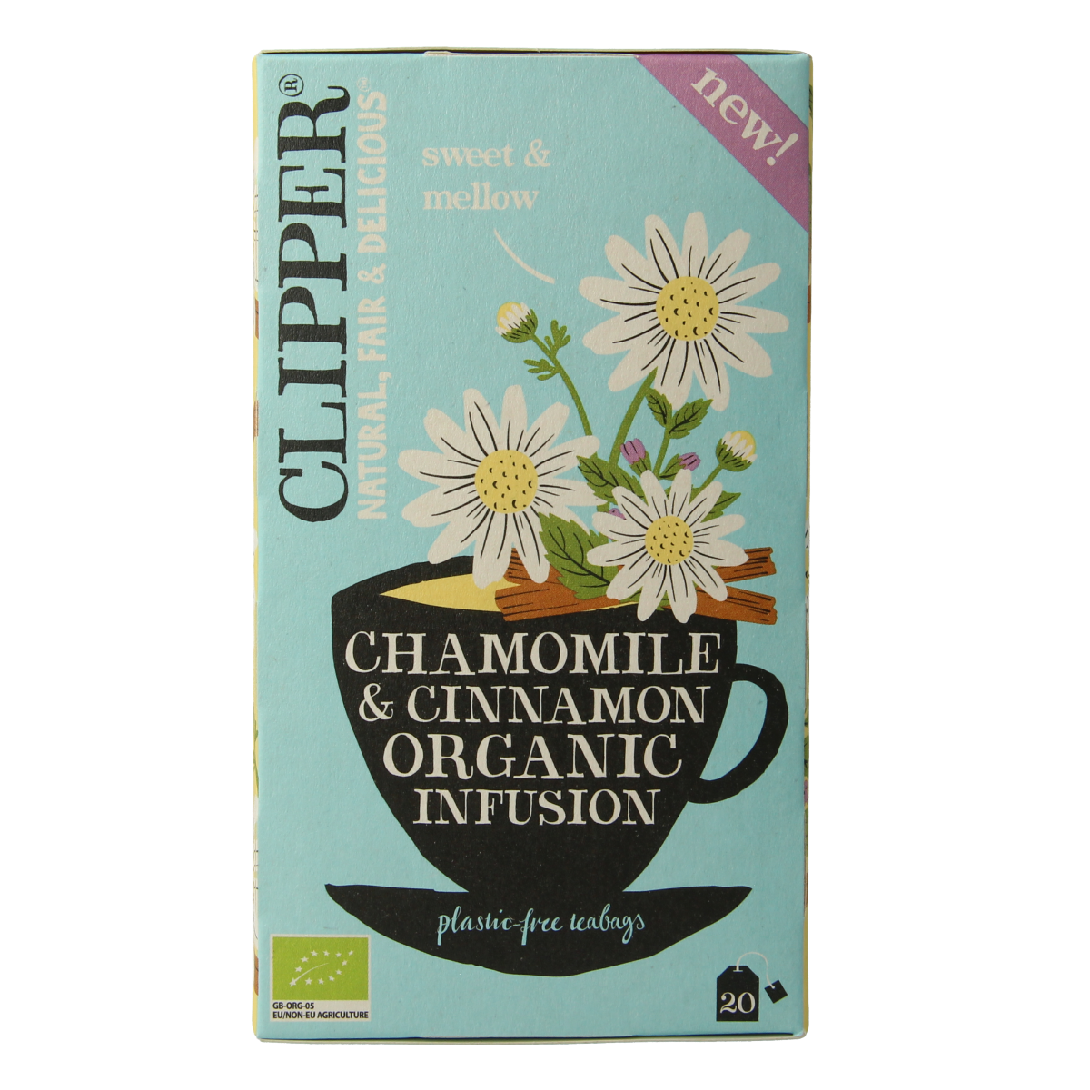 Organic Clipper chamomile and cinnamon infusion tea bags in a box, showcasing the herbal tea blend and packaging.