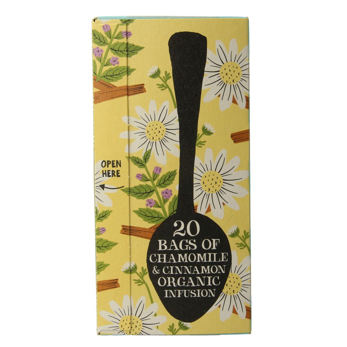 Organic Clipper chamomile and cinnamon infusion tea in a box, featuring chamomile flowers and cinnamon sticks.