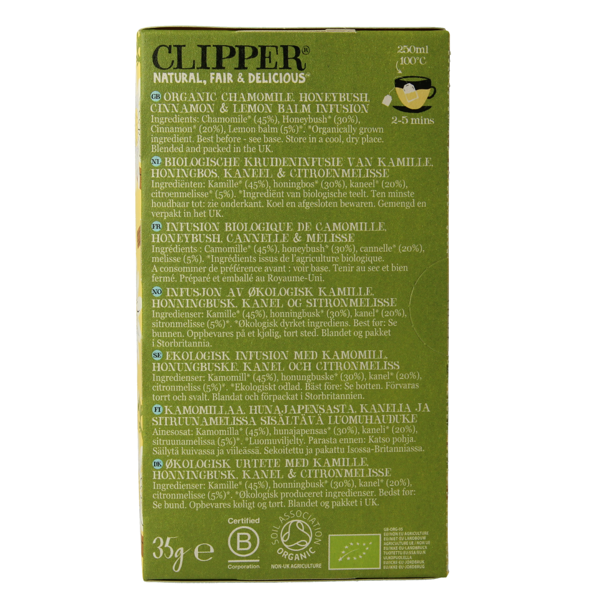 Organic Clipper Chamomile and Cinnamon infusion in a box, featuring chamomile flowers and cinnamon sticks on the packaging.