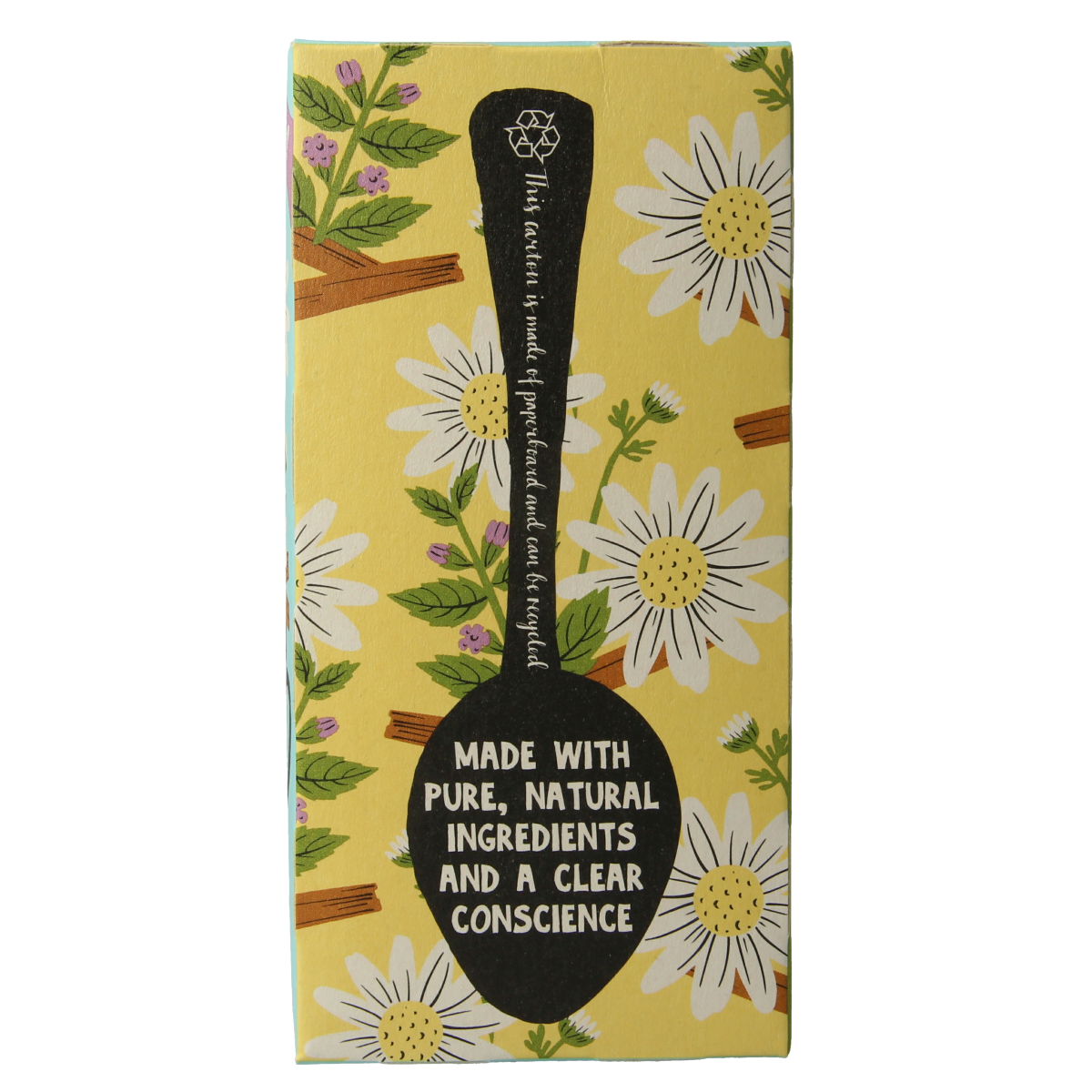 Organic Clipper Chamomile and Cinnamon herbal tea infusion in a box of 20 tea bags, featuring chamomile flowers and cinnamon sticks.