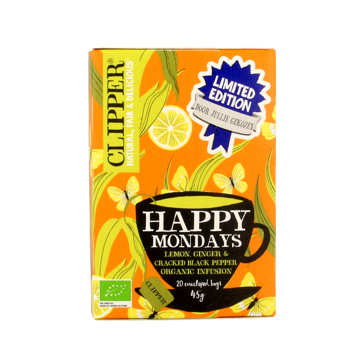 Clipper Thee Happy Mondays organic tea in 45g package, showing the tea leaves and packaging details.