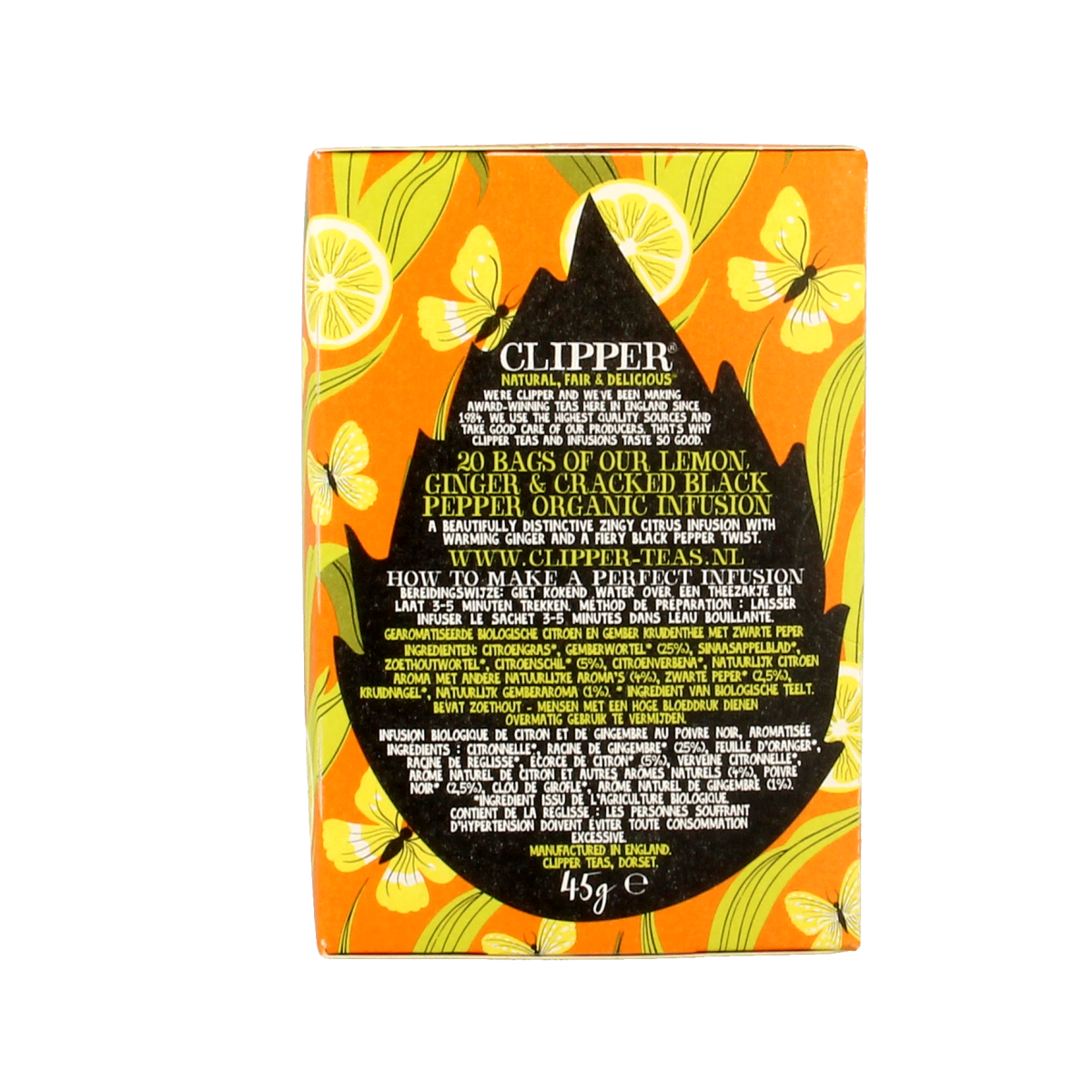 Clipper Thee Happy Mondays organic tea in a 45g package, showcasing the tea leaves and packaging details.