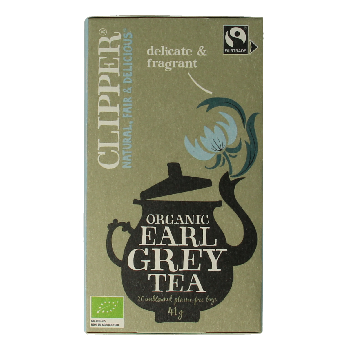 Organic Clipper Earl Grey tea bags, 20-count, featuring black tea with citrus bergamot flavor, in a box.