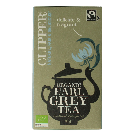 Organic Clipper Earl Grey tea bags, 20-count, featuring black tea with citrus bergamot flavor, in a box.