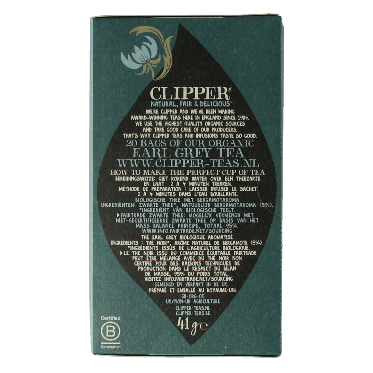 Organic Clipper Earl Grey tea bags, 20 count, featuring citrus and bergamot flavor in a box of caffeinated tea.