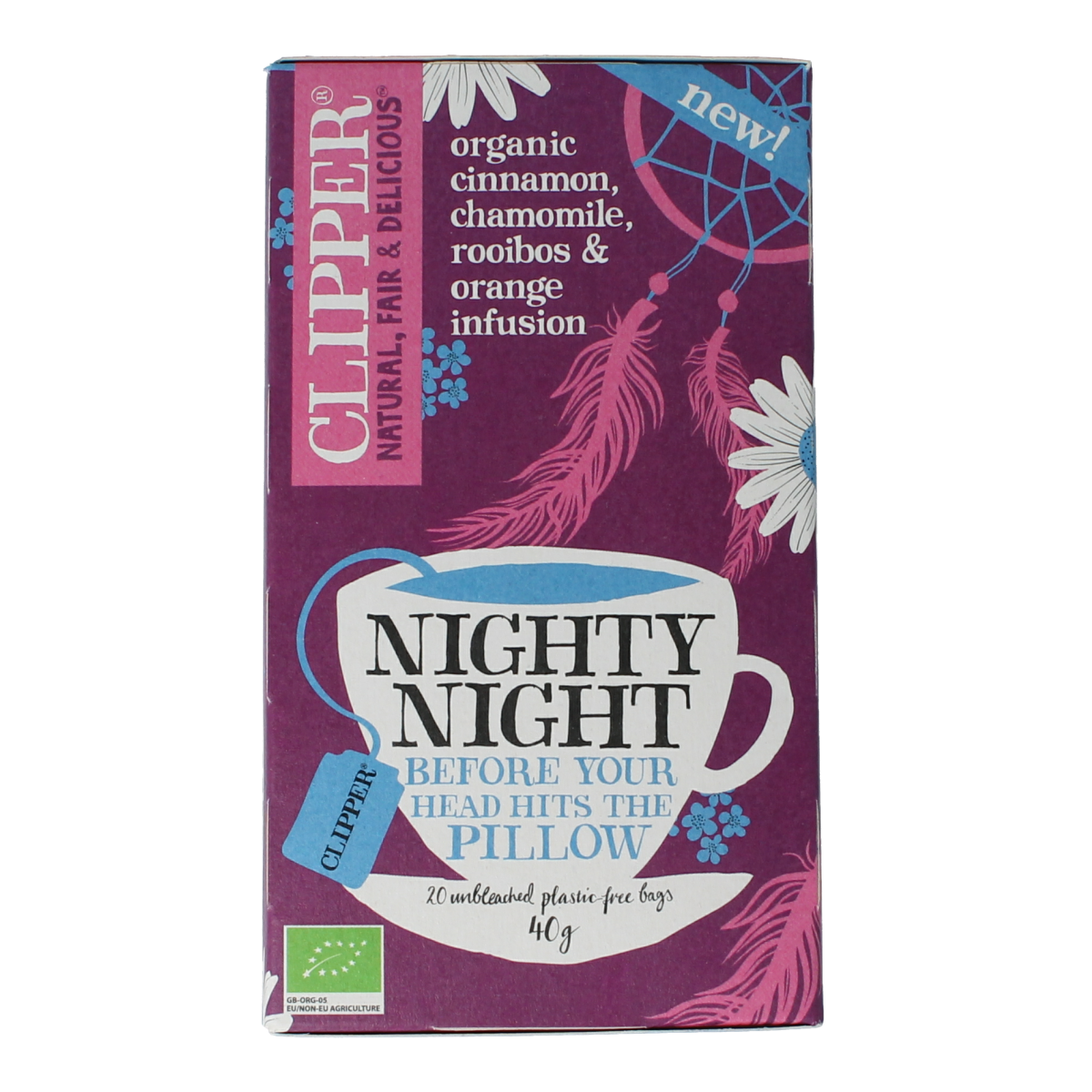 Clipper Kruidenthee Nighty Night bio herbal tea in a box with 20 tea bags, natural and soothing caffeine-free herbal blend.