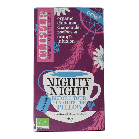 Clipper Kruidenthee Nighty Night bio herbal tea in a box with 20 tea bags, natural and soothing caffeine-free herbal blend.