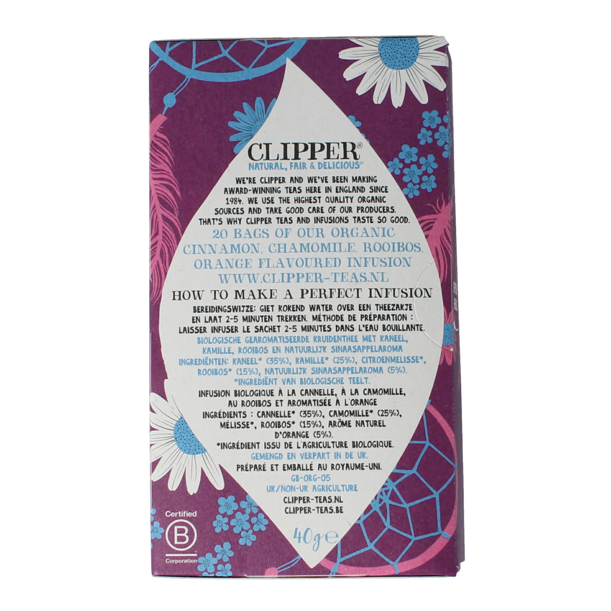 Clipper Kruidenthee Nighty Night bio herbal tea in a box with 20 tea bags, featuring natural ingredients for relaxing evenings.