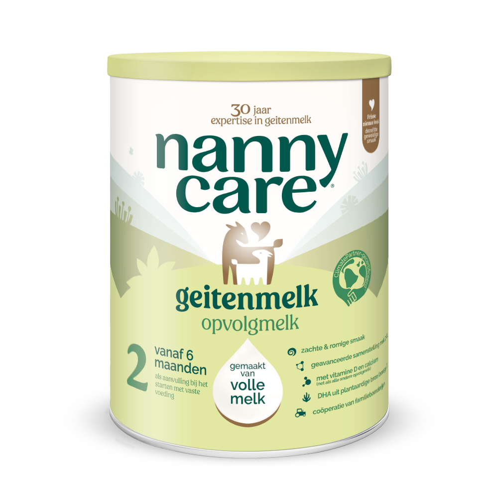 Nannycare follow-on goat milk formula for babies and toddlers, 800 grams, in a white container with label and scoop.