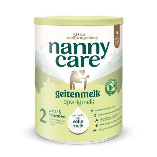 Nannycare follow-on goat milk formula for babies and toddlers, 800 grams, in a white container with label and scoop.