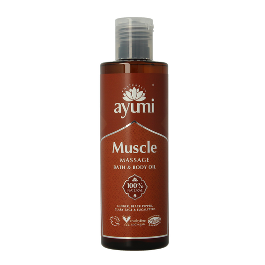 Ayumi Muscle Massage & Body Oil in 250ml bottle, natural body care product for muscle relaxation and skin nourishment.
