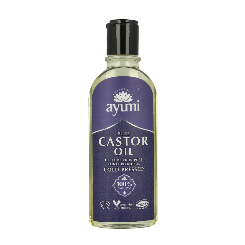 Ayumi Pure castor oil in a 150ml bottle, used for hair care, with a clear label and a dropper cap for easy application.