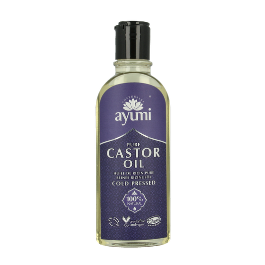 Ayumi Pure castor oil in a 150ml bottle, used for hair care, with a clear label and a dropper cap for easy application.