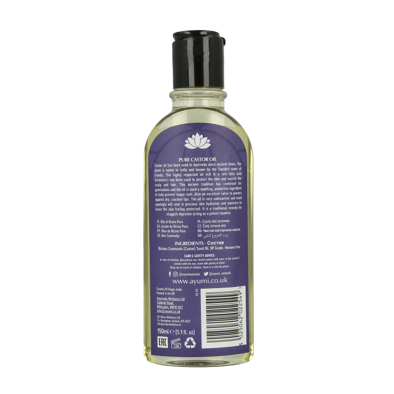 Ayumi Pure castor oil bottle for hair care, 150ml, with a clear label and dropper cap, in a natural setting.
