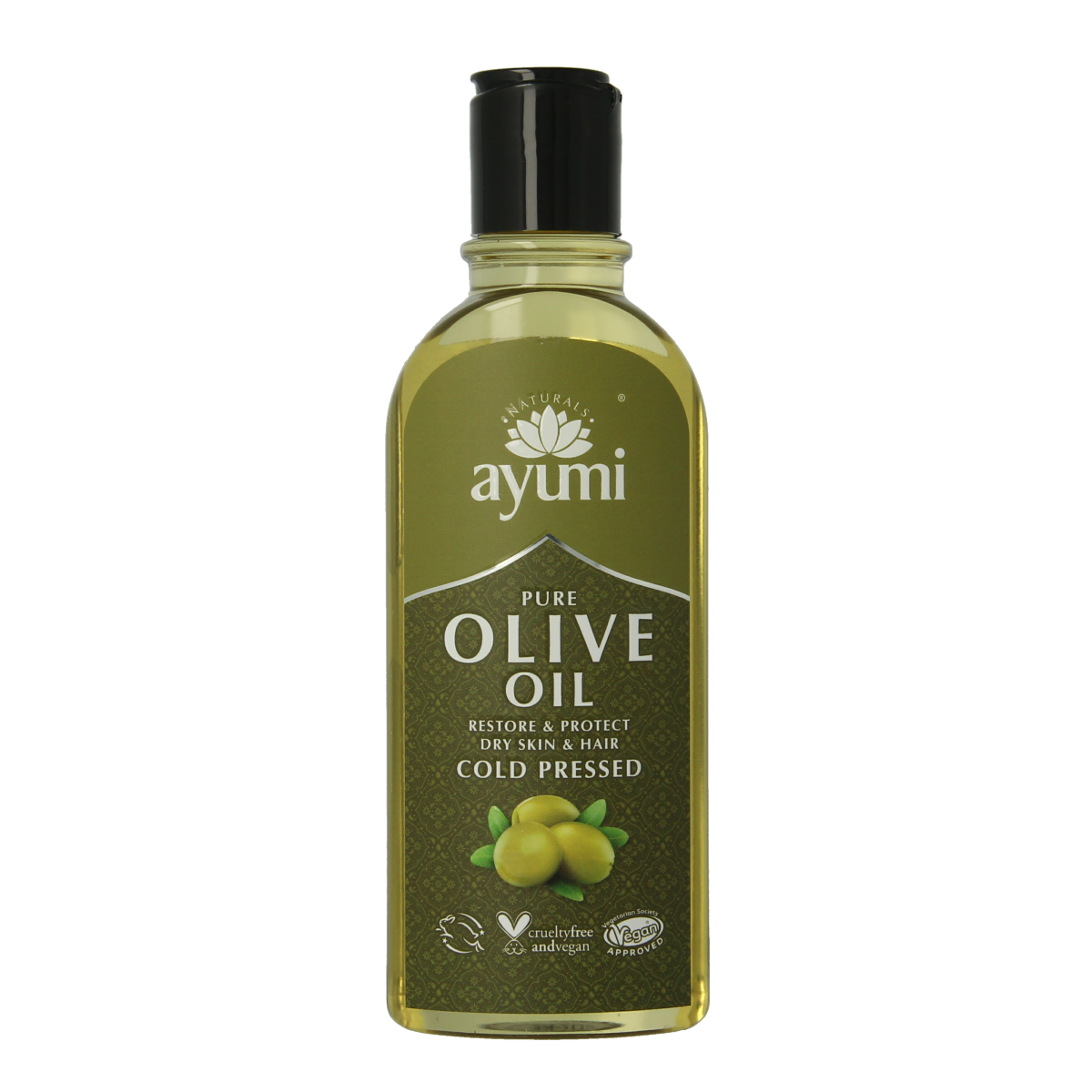 Ayumi pure olive oil cold pressed for hair care, 150ml bottle, showcasing the product with a clear label.