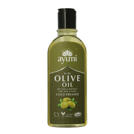 Ayumi pure olive oil cold pressed for hair care, 150ml bottle, showcasing the product with a clear label.