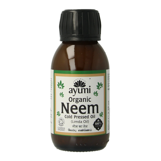 Ayumi organic neem oil in a 100ml bottle for body care, cold pressed and cold organic skincare product.
