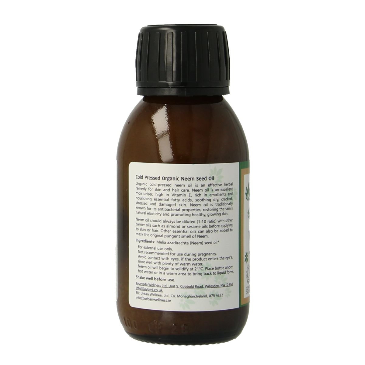 Ayumi organic cold-pressed neem oil for body care, 100ml, natural and pure neem oil in a clear bottle.