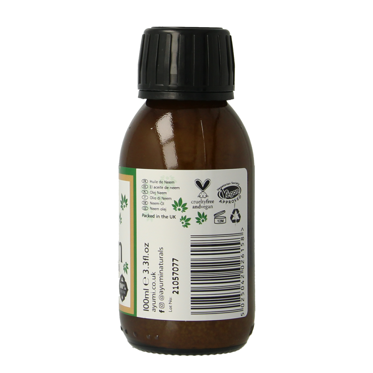 Organic Ayumi Neem oil in a 100ml bottle, cold-pressed for natural body care and skincare use.