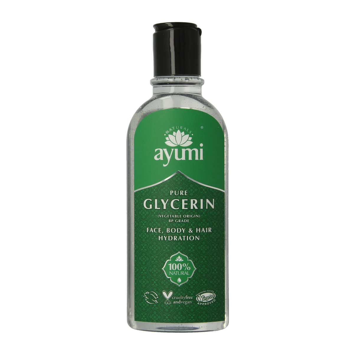 Ayumi Pure Glycerine 150ml bottle for body care, clear liquid in a simple white plastic container.