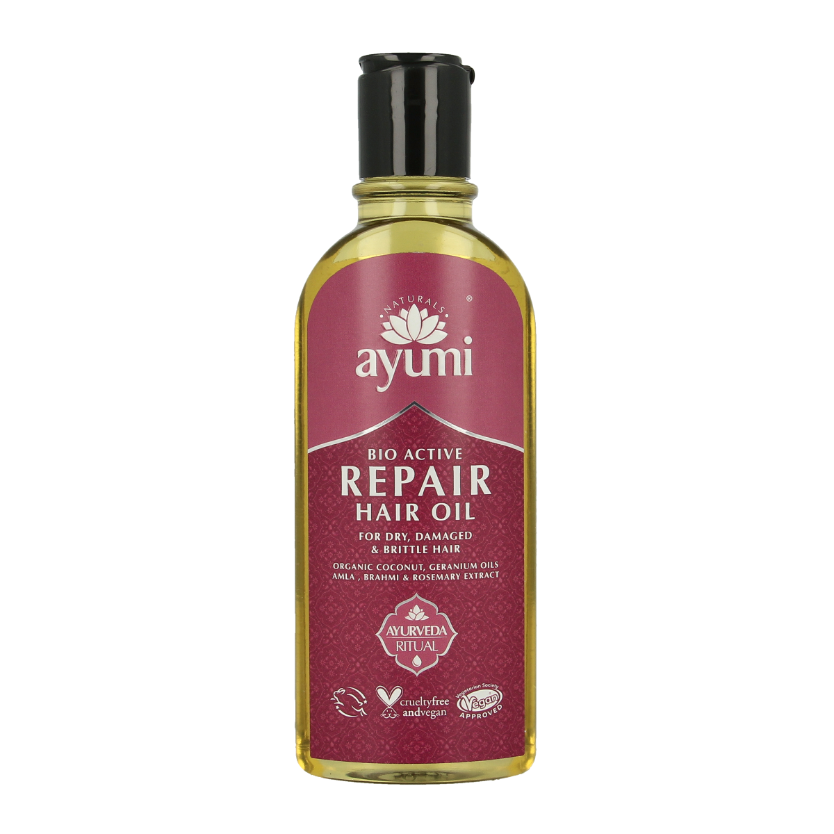 Ayumi Repair hair oil bottle, 150ml, in a sleek container, used for nourishing and repairing damaged hair.