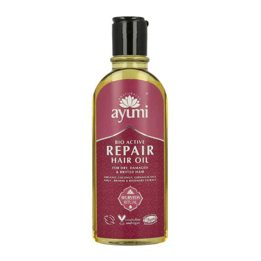 Ayumi Repair hair oil bottle, 150ml, in a sleek container, used for nourishing and repairing damaged hair.