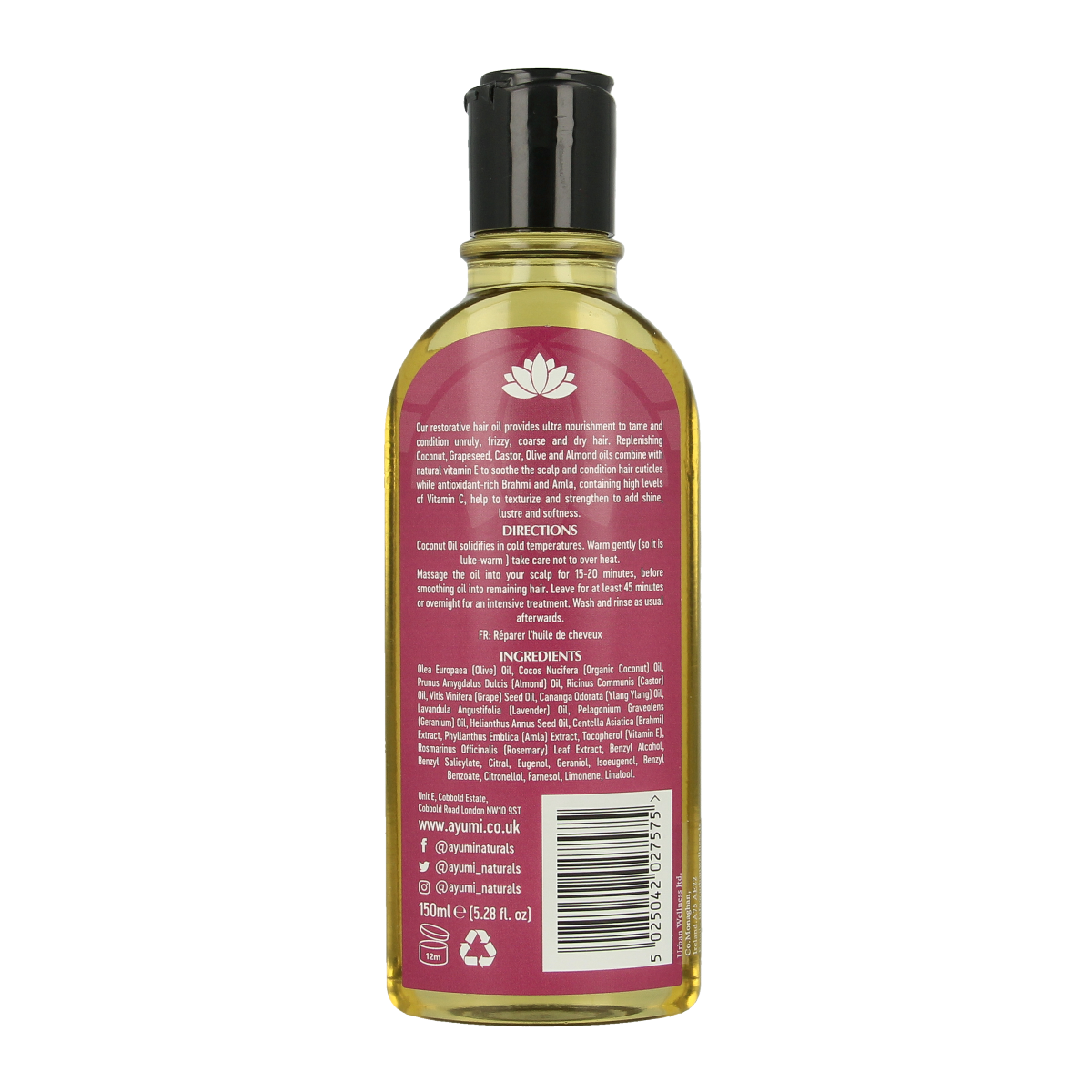 Ayumi Repair hair oil in 150ml bottle, nourishing hair care product with a sleek bottle design and label.