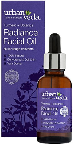 Urban Veda Radiance facial oil in a 30ml bottle, natural skincare product for glowing skin, with a dropper for easy application.