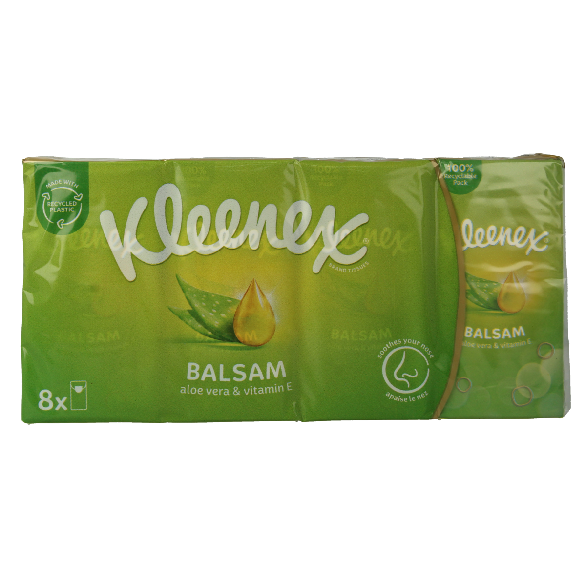 Kleenex Balsam tissues pack of 8, soft facial tissues with soothing Balsam, in a white box with blue accents.
